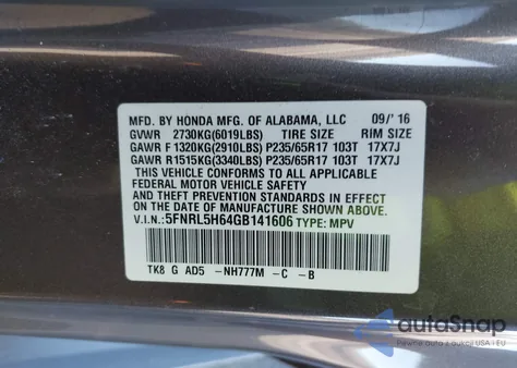 2016 Honda Odyssey Ex-L из США, поврежденный, VIN 5FNRL5H64GB141606
